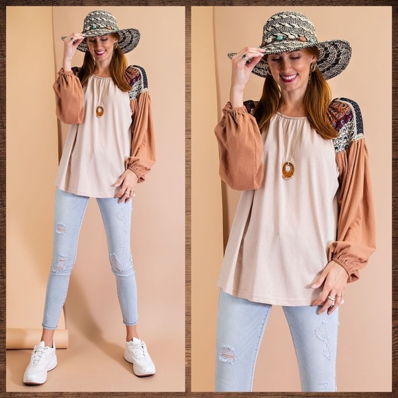 EASEL Tribal Aztec Print Silky Balloon Bubble Sleeve Top Jersey - T-Shirt Bodice - Picture 7 of 12